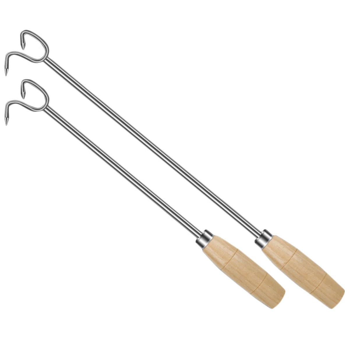 Garneck Meat Turning Hooks Stainless Steel Meat Flipper with Wood Handle Bbq Food Turner Roasting Sticks