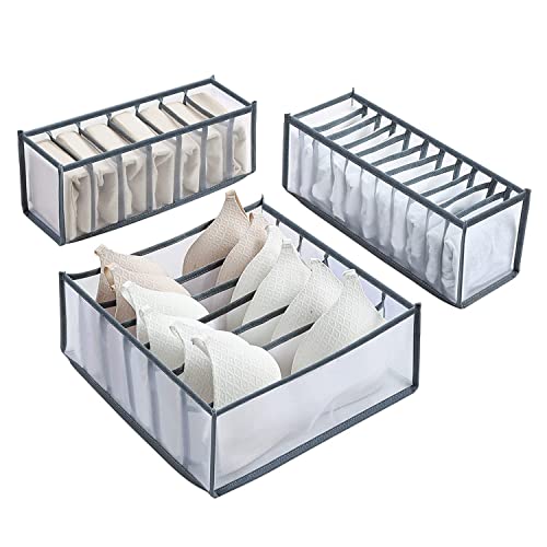 TOSHISON 3 Pcs Wardrobe Storage Clothes Organizer Underwear Set Visible Mesh Clothes Drawer Organisers Foldable Washable Storage Box for Socks, Ties and Underwear Bras
