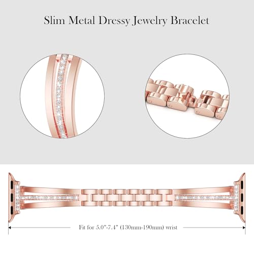 Image of AIRSPO Slim Band Compatible with Apple Watch bands 42mm 44mm 45mm 46mm for Women Metal Dressy Jewelry Bracelet with Bling Diamond for iWatch Series 10-3 /SE Rose Gold,