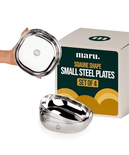 Image of MARU Steel Small Square Snacks /Serving Plates Set of 4 (14 cm Each), Multi-Utility Quarter /Diet Plates for Small Meals with Mirror Finish Design, Perfect for Breakfast, Nashta, Dessert & Daily Use