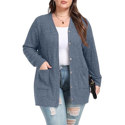OLRIK Plus Size Womens Sweaters Button Down Cardigans with Pockets Light Blue-3X Cover