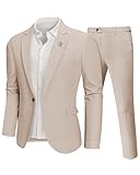 Hihawk Men 2 Piece Regular Fit Linen Suit, Casual Blazer Pants Set, Lightweight Jacket Trouser for Wedding Prom Khaki Small