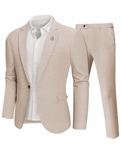 Hihawk Men 2 Piece Regular Fit Linen Suit, Casual Blazer Pants Set, Lightweight Jacket Trouser for Wedding Prom Khaki Small