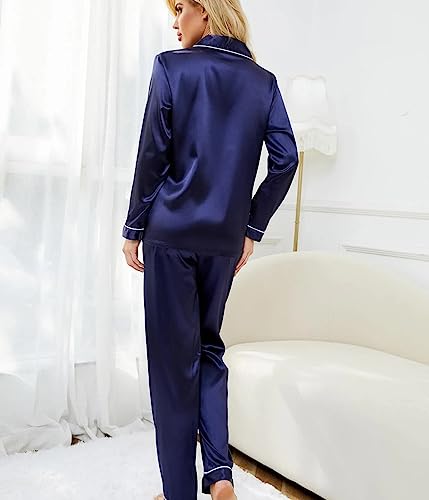 Pijama Americano Feminino Afrodite Cetim de Seda Calça e Manga Cumprida - Azul Marinho Tamanho:P;Cor