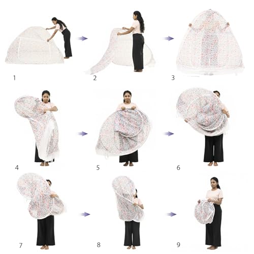 Image of Wakefit Floral Print Mosquito Net for Double Bed | King Size Foldable Machardani | Lightweight & Breathable | Polyester 30GSM Strong Net | PVC Coated Corrosion Resistant Steel Wire - Floral