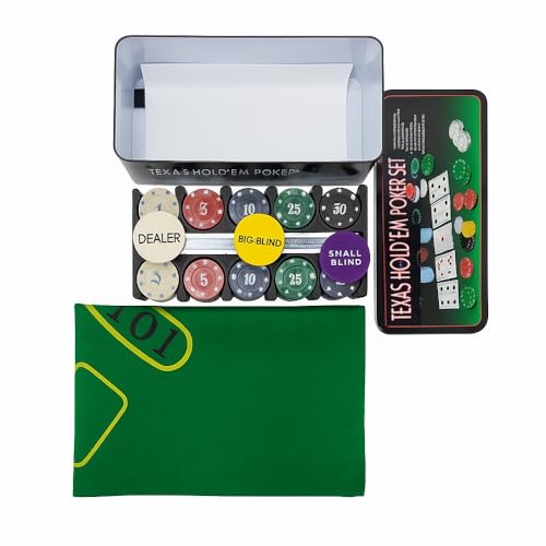 Terza immagine Globly Set da Poker Professionale con Valigetta in Alluminio, 200 Fiches, 2 Mazzi di Carte, Gettoni e Tappetino Verde, per Texas Hold’em, Blackjack e Altri Giochi da Casinò