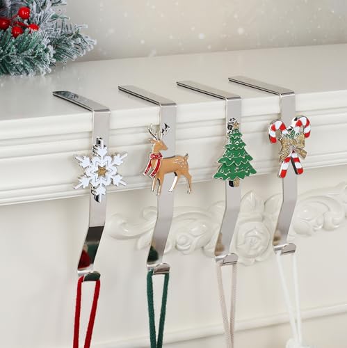 Colorful Christmas Stocking Holders Set of 4, Weighted Non-Slip Mantle Hangers for Fireplace, Decorative Xmas Stocking Hooks for Holiday Home Decor