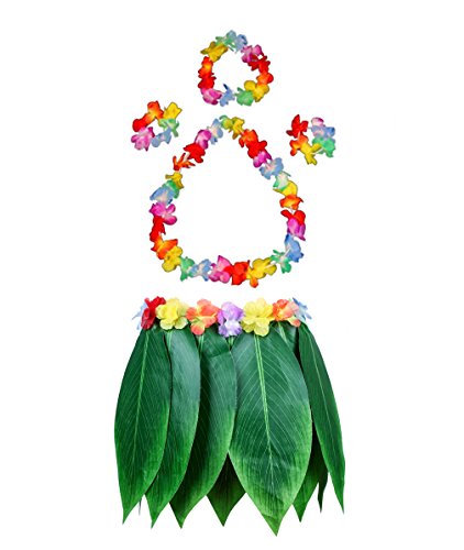 Fortuning's Jds Boys Girls Hawaiian Flowers Leaf Grass Skirts Garland Costume Set Beach Party Favors (5Pcs) #TOP6