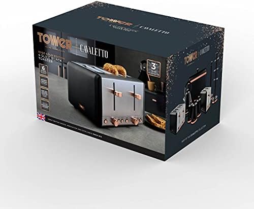 Tower T20051RG Cavaletto 4-Slice Toaster with Defrost/Reheat, Stainless Steel, 1800 W, Black and Rose Gold