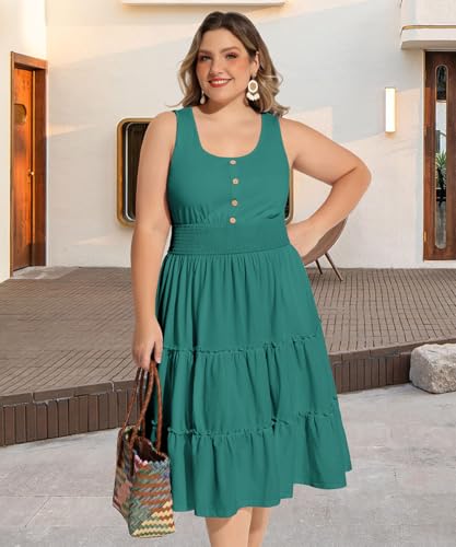 Image of RITERA Plus Size Summer Casual Dresses for Women Sleeveless Button Down Empire Waist Ruffle Tiered Swing Midi Dress XL-5XL