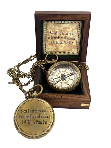 Second Star to the Right and Straight on Till Morning- Brass Engraved Compass with Wooden Case – Inspirational Birthday, Confirmation, and Baptism Gifts (Second Star Compass-1)