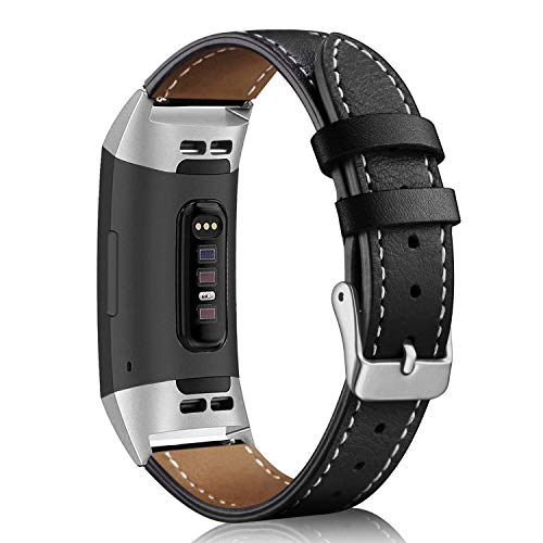 Mornex Leather Band Compatible with Fitbit Charge 3/ Charge 4, Replacement Genuine Leather Bands for Women Men(Black-Silver Buckle) by Mornex - Used condition - US$9.19