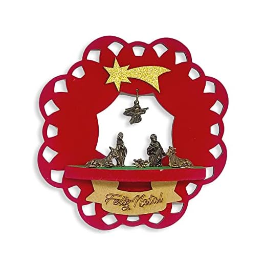 Guirlanda Natalina Enfeite de Porta Natal Mini Presépio MDF Girlanda de Natal Sagrada Família Natalina Presepinho de Natal Vermelho