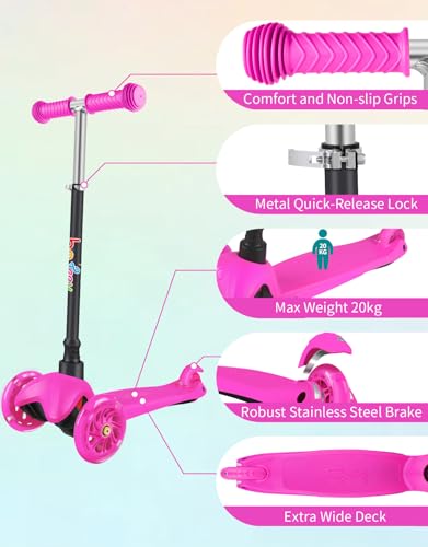 BELEEV A2 Scooter Roller Kinder 2-6 Jahre, 3 Räder Kinderroller mit LED Leuchtende Räder, 4 Höhenverstellbare, Rutschfestes Deck, Lean to Steer, Roller Kinder 2 Jahre Mädchen Jungen Geschenk