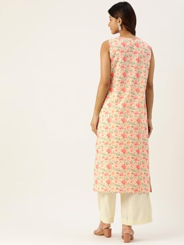 Image of feranoid Women's Pure Cotton Floral Print Straight Kurti | Elegant Curved V-Neck | Sleeveless Calf-Length Ethnic Wear | Comfortable Regular Fit | Sizes XS-XXL