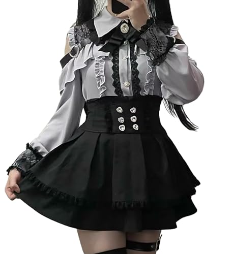 [ＸＨＳＵＫＡＤＯ] オープンショルダー ワンピース レディース 地雷系 ハートバックル リボン レース フリル 病みかわいい 量産型 長袖 服 ブラウス スカート セットアップ フレンチ ガーリー系 ファッション おしゃれ 春 夏 秋 冬 (JP, アルファベット, S, グレーブルー（3点セット）)
