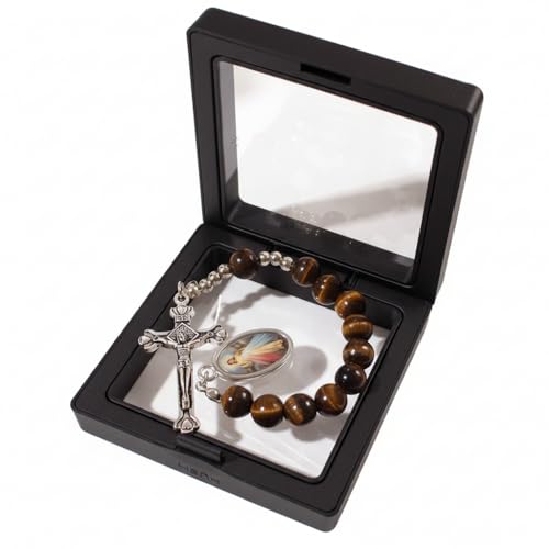 lulucross Catholic Pocket Rosary Decade – Natural Tiger Eye Stone Prayer Beads with Divine Mercy Medal & Metal Crucifix, Christian Pocket Rosary for Daily Prayer, Travel & Gifts
