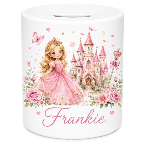 Image of Personalised Princess Ceramic Money Box – Custom Fairy Tale Coin Bank with Any Name – Pink Princess Piggy Bank for Girls, Babies & Toddlers – Castle Nursery Savings Pot Keepsake Gift