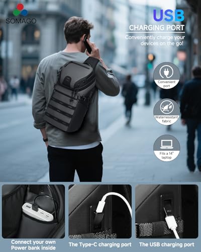 Somago Sling Backpack with USB Charging Port Water-Resistant Tactical Backpack Crossbody Chest Bag with Anti-theft Pocket3