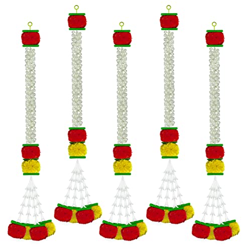 iHandikart Jasmine Artificial Marigold & Tuberose Garland | White Decorative Item | Pack of 5 (Red, Lemon)