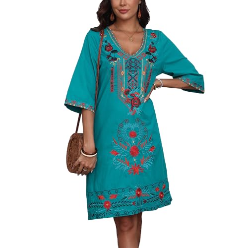 Image of Grosy Women's Embroidered Mexican Fiesta Dress Plus Size Traditional Floral Boho Dresses for Women Peasant Hippie Outfit