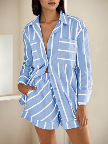 Image of Tankaneo Womens Striped 2 Piece Outfits Button Down Shirts and Shorts Lounge Matching Sets
