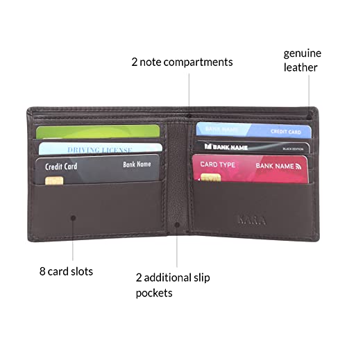 Image of KARA Brown Genuine Leather Wallet for Men with Multipurpose Slip Pocket - Bifold Men's Wallet with 8 Card Holder Slots