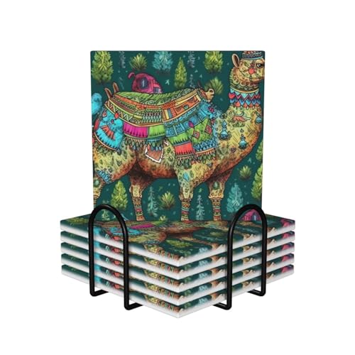 Juego de 6 posavasos para bebidas con estampado a mano de camello colorido con soporte, posavasos absorbentes para tazas de café, antideslizantes, redondos, de cerámica, duraderos para mesa de café