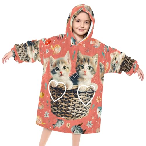 Wearable Blanket Hoodie for Kids, gentle cats Fleece Sweatshirt Blanket Oversized Blanket Sweatshirt with Pocket Flannel Warm Hooded Blanket 6-10 Year Old Girl Boy Gift, One Size
