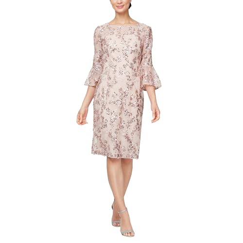 Alex Evenings Women's Short Shift Cocktail Gown with Bell Sleeves, Formal Events, Wedding Guest Dress