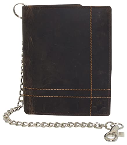 MARSHAL Bifold Genuine Leather RFID Blocking Wallet For Men Card Slots, 2 Bill Compartments, ID Windows, Money, (Logo Brown With Chain)