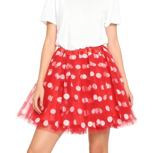 Tüllrock Damen, Tutu Röcke für Frauen, Tütü Mädchen, Rot mit weiß Gepunktet Unterrock Petticoat, Dehnbaren Teenager Ballett Tanzen Dress,...
