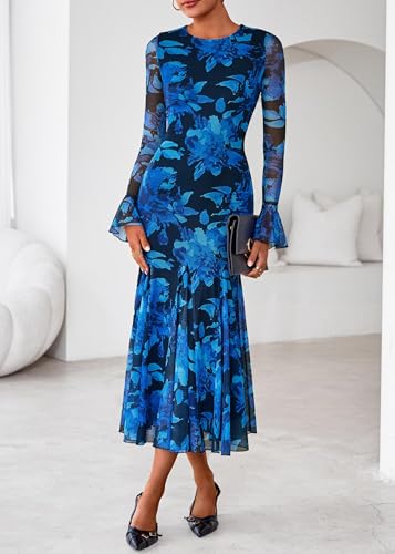 Lazysmile Women's Long Sleeve Floral Maxi Dresses Fall Formal Crewneck Bodycon Mesh Ruffle Wedding Guest Cocktail Party Dress Blue — view 6