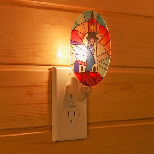 Image of Lighthouse Stained Glass Styled Night Light Plug in - Made with Real Glass, Bulb Included, On /Off Switch - Nautical Beach Theme Bathroom, or Beach House Accent Light Dusk Orange Blue