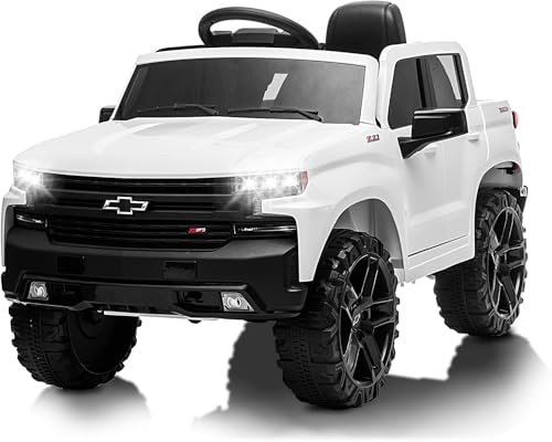 12V Ride on Car with R-C, Battery Powered Licensed Chevrolet Silverado GMC Kids Ride On Truck, Toddler Electric Vehicles Toys, MP3 Music,FM Radio,Bluetooth, Spring Suspension, LED Light (White one)