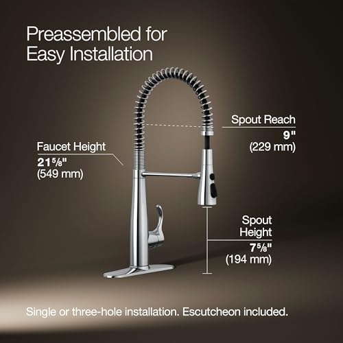 Image of KOHLER 22033-CP Simplice Semi Professional Kitchen Sink Faucet, Pre-Rinse Kitchen & Commercial Faucet, Three Function Sprayhead, Polished Chrome