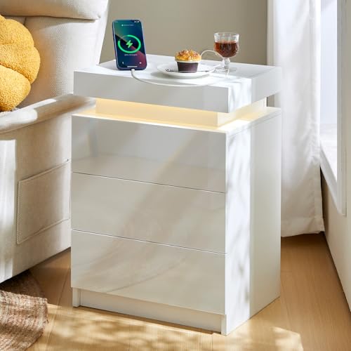 TUKAILAi Bedside Table with LED Lights and Built-in Socket, 3 Drawers Nightstand with USB Charging Port, High Gloss Bedside Cabinet with Hidden Storage, for Bedroom Living Room, White
