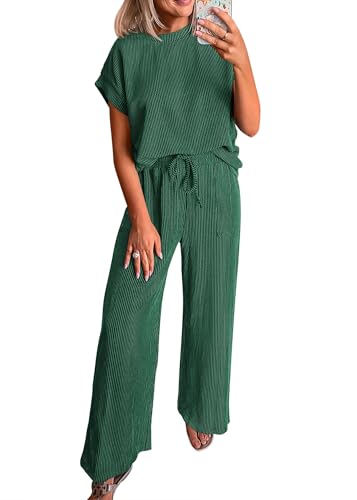 KIRUNDO 2 Piece Sets for Women Dressy Casual Ribbed Knit Short Sleeve Tops Wide Leg Pants Lounge Set Travel Airport Outfits(Dark Green Large)