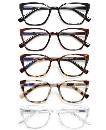 EYEURL Cat Eye Readers for Women - 5 Pack Blue Light Blocking Reading Glasses Ladies +0.00 Fashion Square Frames Magnification with Spring Hinge