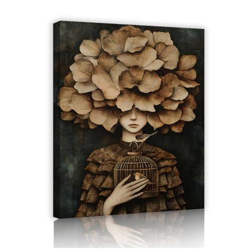 Art mural vintage dark academia toile surréalisme femme feuilles de ginkgo 75x95cm