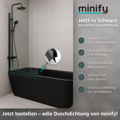 minify Duschdichtung für Glastüren (5-8mm) – Dichtung Dusche Glastür Transparentes U-Profil in Schwarz, verschiedenen Längen erhältlich (1 Stück, 80cm)