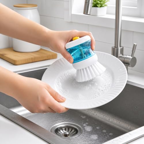 Image of Sink Cleaner Brush with Built-in Liquid Soap Dispenser | Kitchen Cleaning Brush for Sink, Washbasin, Utensils, Bathroom Tiles & Countertop | Durable Scrub Brush (Pack of 3)