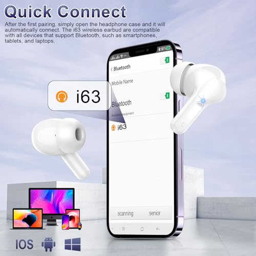 Image of Wireless Earbuds, 48Hrs 2026 Bluetooth Headphones, Hi-Fi Stereo Deep Bass Ear Buds, ENC Noise Cancelling Mic, Clear Calls, IP-X7 Waterproof, USB Sport Earphones in Ear for Phones Laptop Pad, White