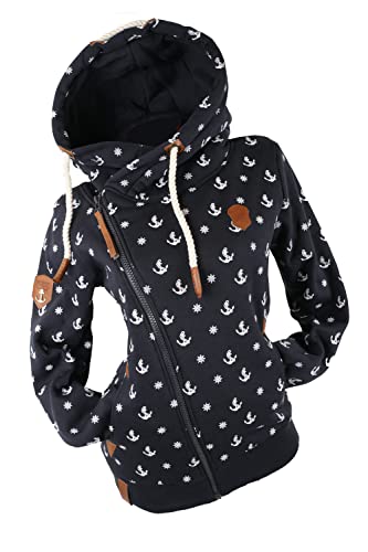 VIN TE Damen Sweat Jacke XXL Kapuze Hoodie Übergangsjacke Fleece gefüttert schräger Reißverschluss verschiedene Modelle Anker Pfote M - 3XL (as3, alpha, 3x_l, regular, regular, Blau-1797, 3XL)