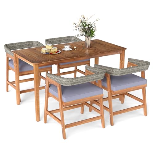 Tangkula 5 Piece Patio Dining Set for 4, Outdoor Solid Wood Rectangle Table Set with Cushioned Armrest Chairs,for Deck, Poolside, Outside and Lawn
