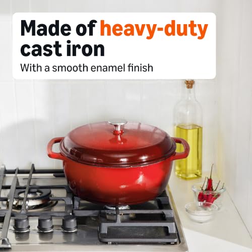 Image of Amazon Basics Enameled Cast Iron Dutch Oven Pot with Lid, Round, Dual Handles, Heavy-Duty, Oven Safe for Stews, Roasting, Baking, 4.3-Quart, Red