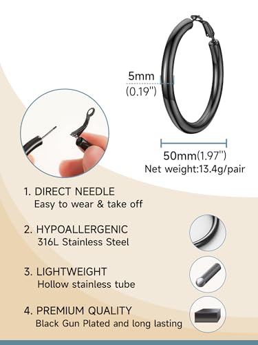 Image of Stainless Steel Chunky Hoop Earrings For Women, Minimalist and Chic, Black /Gold Plated, Round Hoops Earrings Hypoallergenic, Size: 30mm /40mm /60mm /80mm, Come with Box
