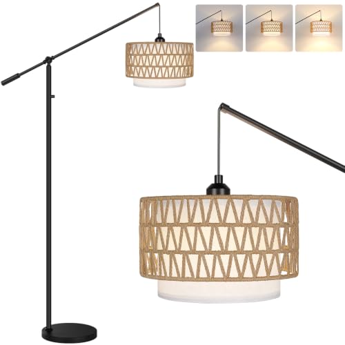 Image of 【Upgraded】Boho Dimmable Floor Lamps with Adjustable Swing Arm, 1100 Lumens Bulb Included, Modern Standing Lamp with Rattan & Fabric Shades, Rattan Tall Arc Floor Lamp for Living Room Bedroom, Black