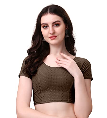 Image of Women's Stretch Cotton Saree Blouse | Readymade Blouse for Saree | Round Neck | Short Sleeves | Soft, Breathable & Comfortable