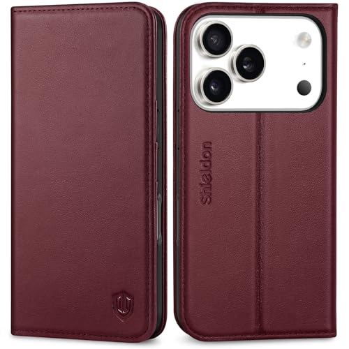 SHIELDON Funda de Cuero Genuino con Tapa para iPhone 17 Pro 6,3 Pulgadas 5G 2025, Funda [Ranura para Tarjeta][Bloqueo RFID][Cierre Magnético][Anti Choques] Leather Case, Vino Tinto